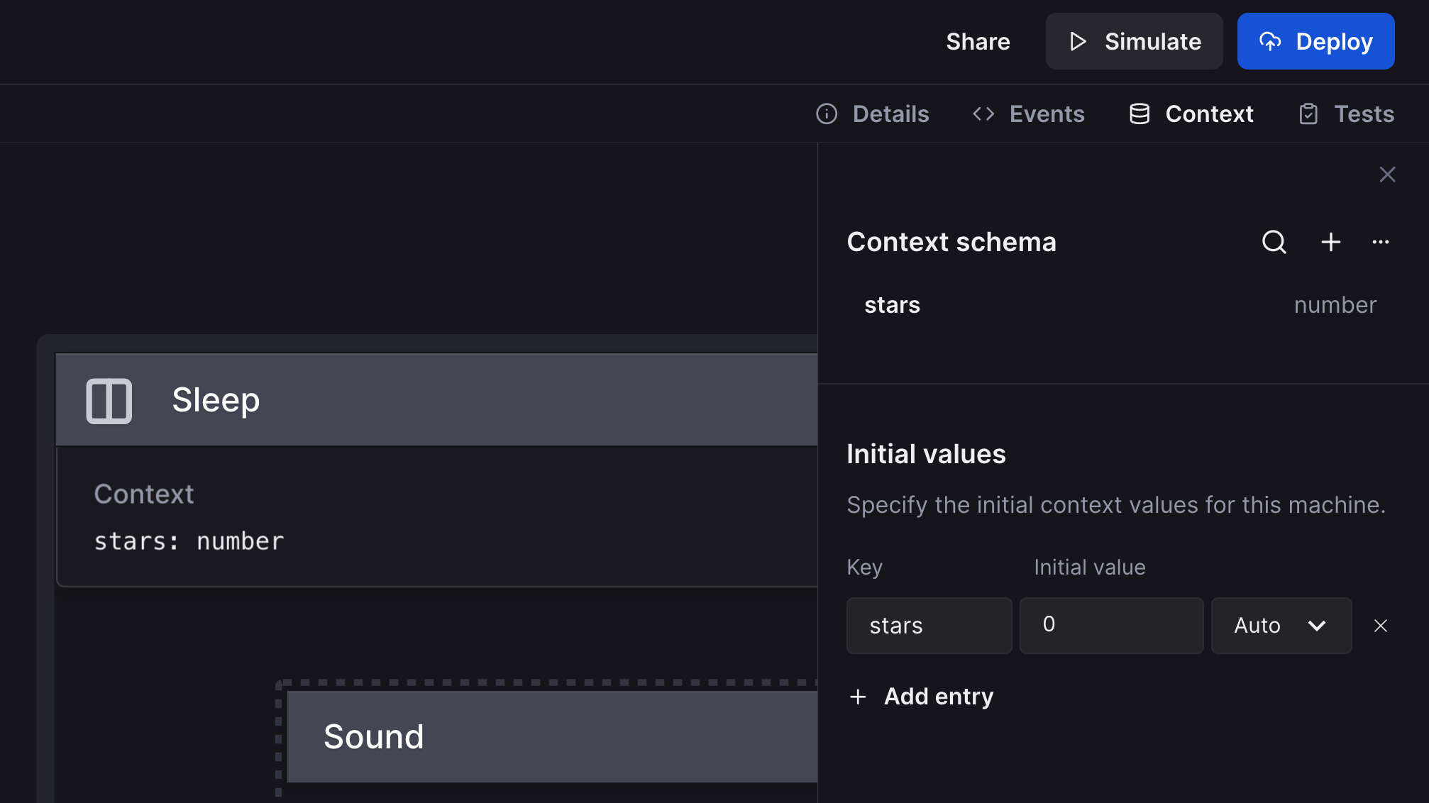 The Sleep state with a displayed context of stars: number. The context panel is open and shows the context schema with a stars property with the number type.