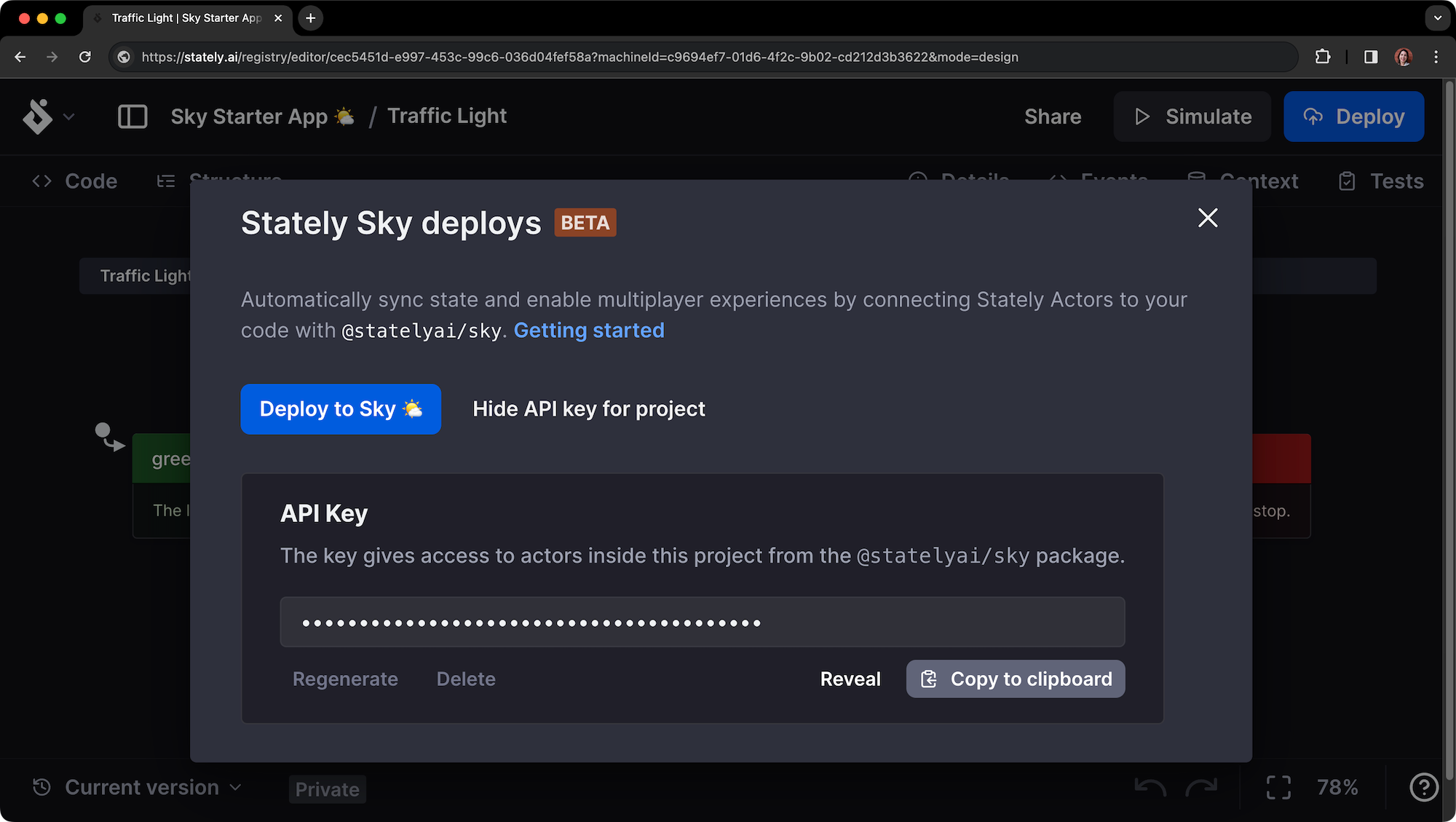 Stately Sky 模态框显示 API 密钥在一个输入框中，隐藏在密码点后面。有选项可以重新生成、删除、显示或复制 API 密钥到剪贴板。
