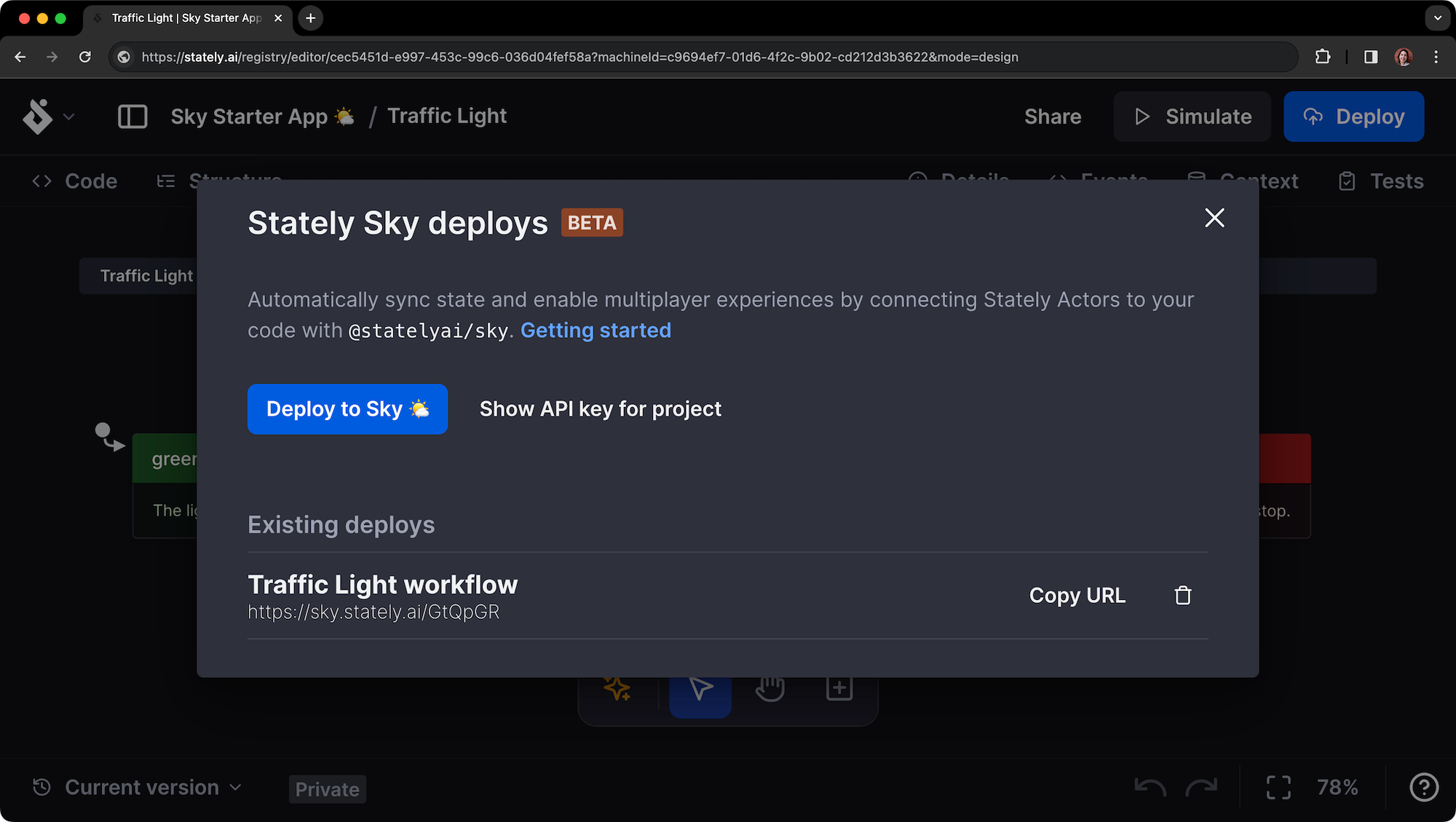 Stately Sky 模态框显示交通灯工作流列在现有部署下。工作流有自己的 URL，并有选项可以复制 URL 或删除。